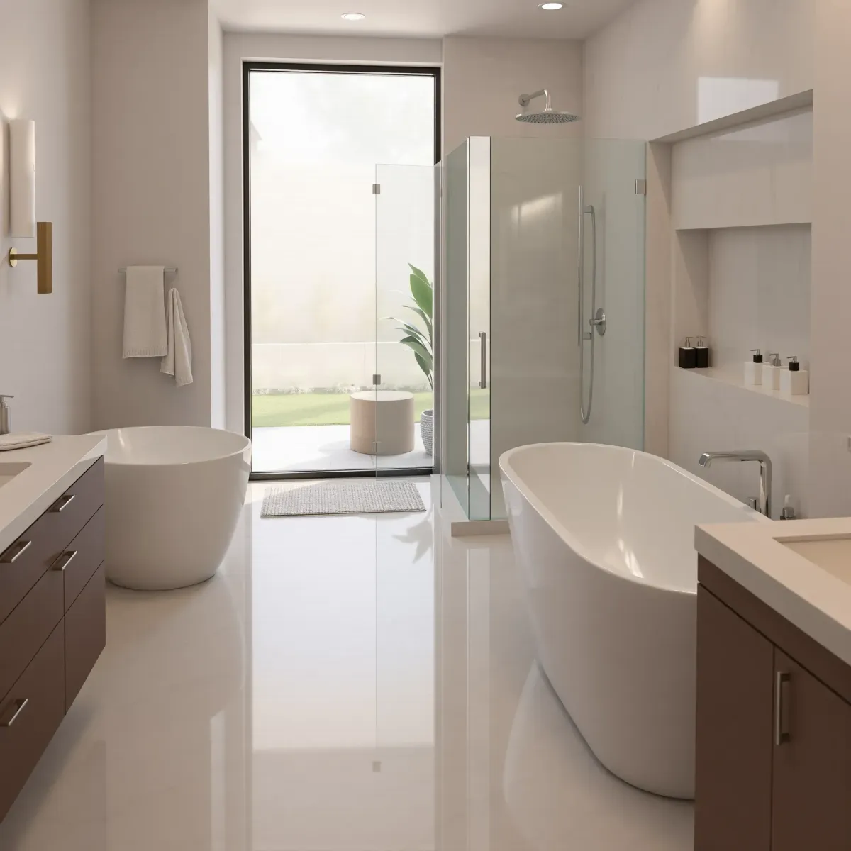 Renovated Baldwin Hills bathroom with modern design, marble countertops, walk-in shower, bathtub, and lush outdoor view.