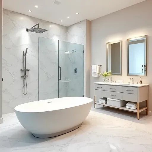 Luxurious Playa Vista bathroom remodeling featuring a freestanding tub, marble tiles, and a stylish double vanity.