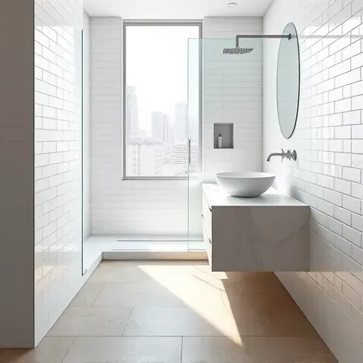 Renovated small bathroom in Los Angeles with modern design features, subway tile, marble vanity, and urban skyline view.