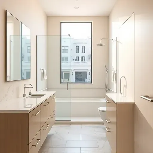 Recently remodeled small bathroom in Los Angeles with modern fixtures, marble countertops, and natural light.