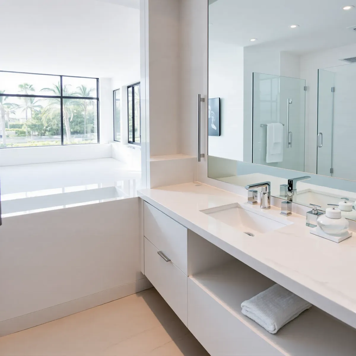Renovated Beverly Hills small bathroom with marble countertops, floating vanity, glass shower, lush greenery view.
