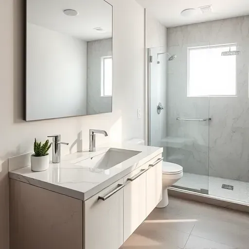 Recently installed polished chrome mirror and fixtures in a modern upscale Los Angeles bathroom with marble countertops and glass shower
