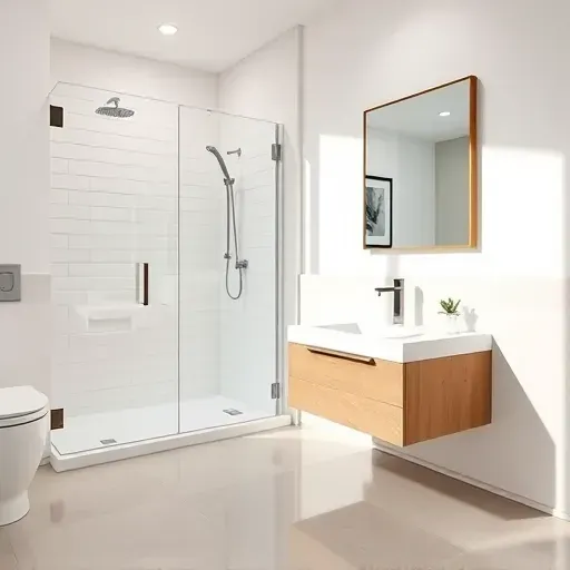 Renovated West Adams CA small bathroom with modern fixtures, white tiled shower, floating vanity, and minimalist decor