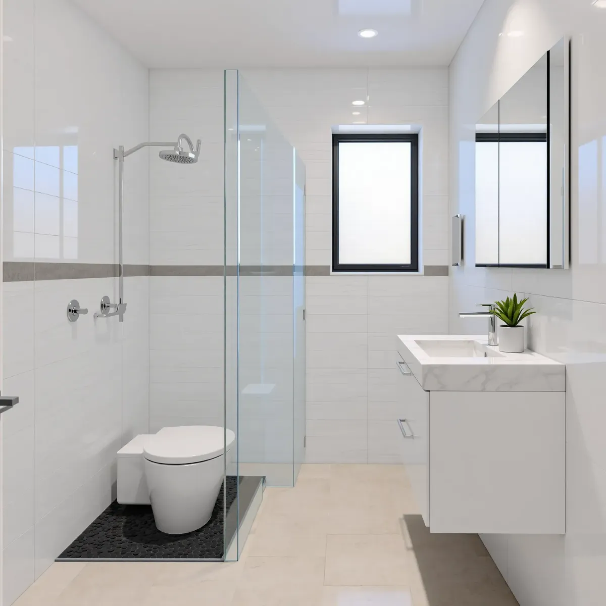 Modern small bathroom in Century City with white tiles, glass shower, vanity, and natural light.