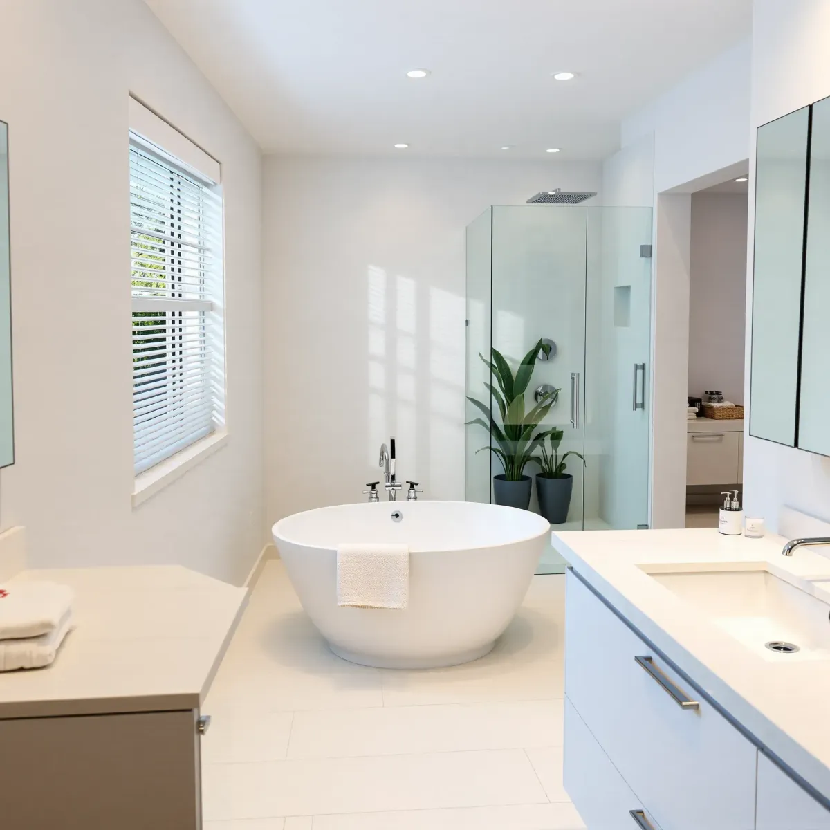 Renovated LA bathroom with white marble, glass shower, freestanding tub, natural light, modern fixtures, and indoor plants.