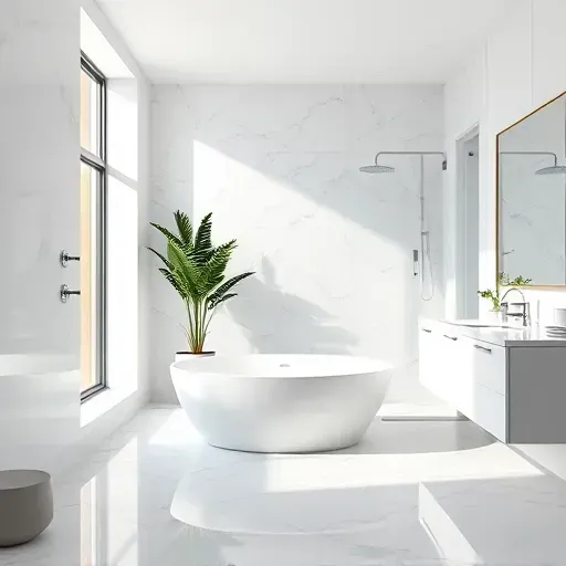 Modern bathroom remodel in Fairfax District CA featuring freestanding tub, marble tiles, and elegant fixtures for a serene vibe.
