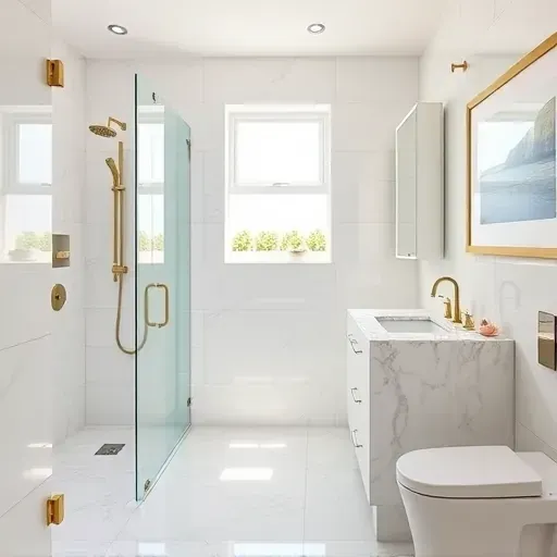 Remodeled Manhattan Beach small bathroom with marble tiles, glass shower, modern vanity, coastal decor, and natural light