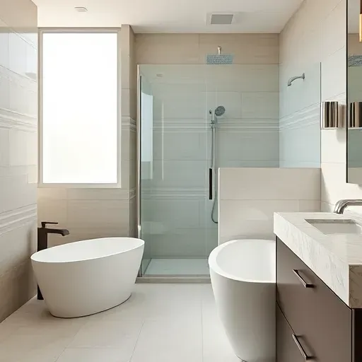 Luxurious bathroom remodel in Fairfax District CA with a freestanding tub, sleek shower, designer faucets, and serene decor.