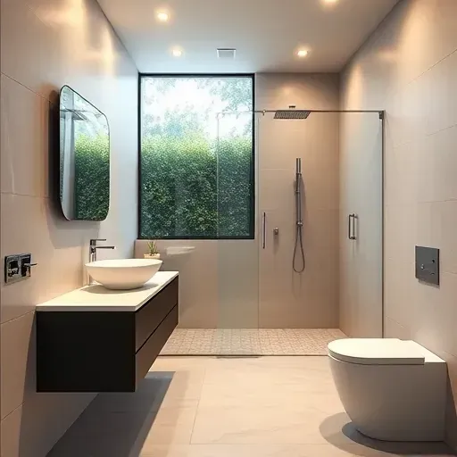 Remodeled small bathroom in Leimert Park CA with black fixtures, floating vanity, white quartz counter, vessel sink, glass shower, neutral tiles, greenery outside