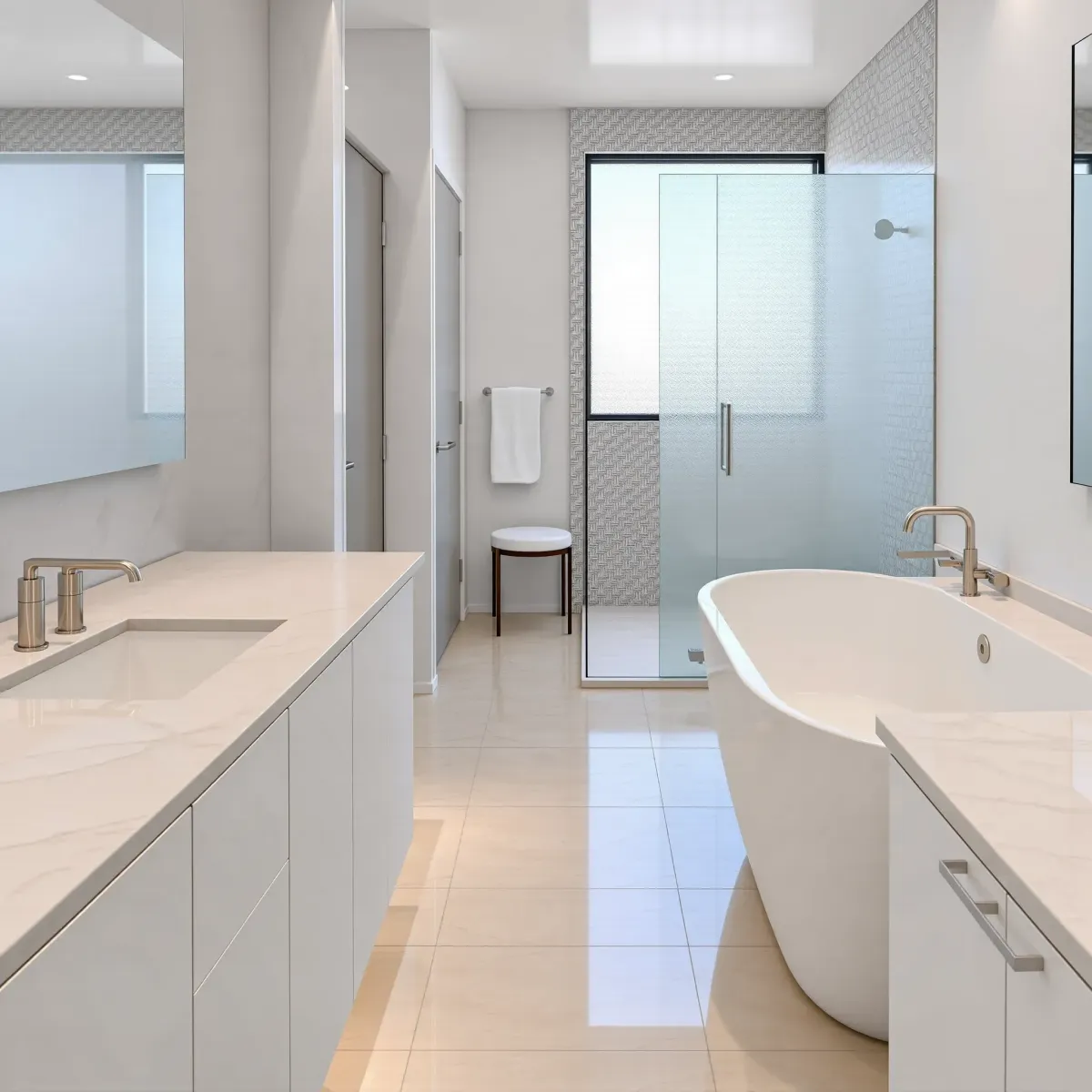Modern West LA bathroom with sleek tiles, frameless shower, quartz vanity, and sophisticated lighting.