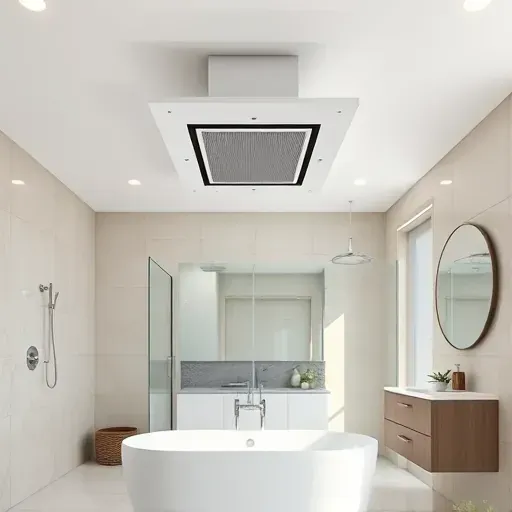 Modern bathroom with sleek exhaust fan above the bathtub, neutral tiles, chrome fixtures, glass shower, and minimalist decor