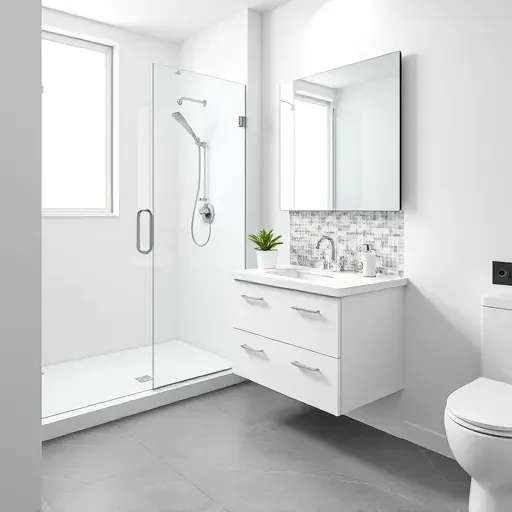 Remodeled small South LA bathroom with modern fixtures, white tile shower, sleek vanity, gray porcelain floors, and natural light