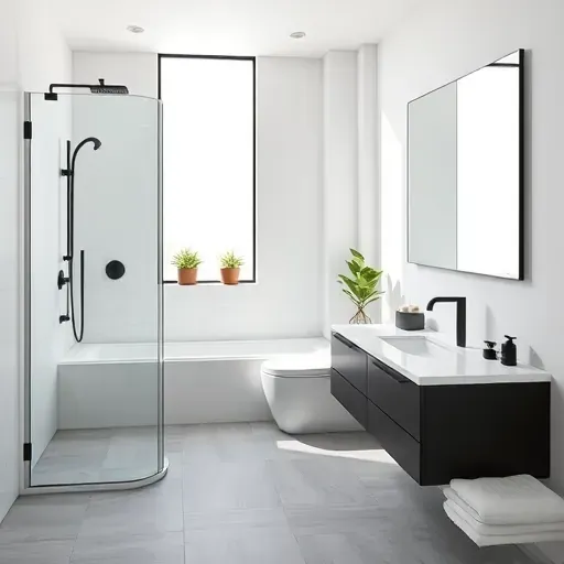 Remodeled small bathroom in Los Angeles with modern fixtures, marble countertops, gray tiles, and natural light.