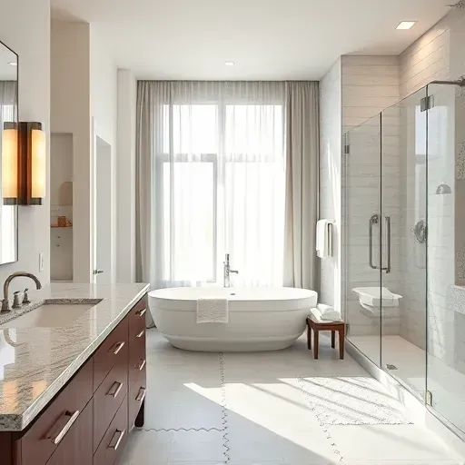 Spacious remodeled bathroom in Carson CA featuring polished granite, luxurious fixtures, and elegant lighting elements.