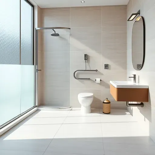 Modern accessible bathroom in Los Angeles with walk-in shower, grab bar, adjustable sink, textured glass windows, and slip-resistant tiles