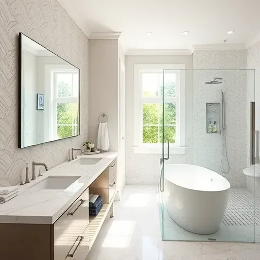 Spacious modern bathroom remodel in Hyde Park, CA with marble countertops, sleek fixtures, and a freestanding tub.