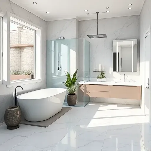 Luxury bathroom remodel in Palms CA with freestanding tub, marble tiles, modern fixtures, and serene ambiance.