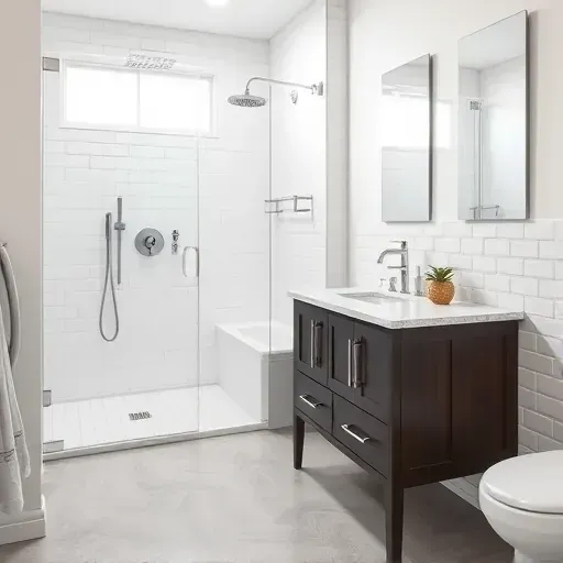 Renovated small bathroom in Wilmington California with white subway tiles, glass shower, granite countertop, and modern fixtures