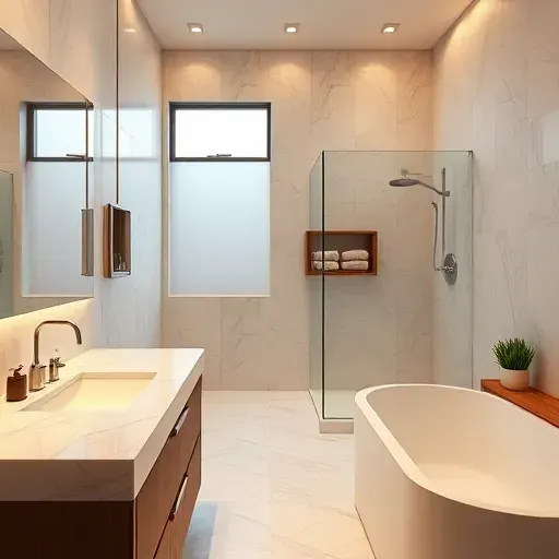 Modern West Adams bathroom remodeling featuring marble countertops, geometric tile walls, and spacious walk-in shower.