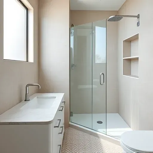 Modern small bathroom remodel in Baldwin Hills CA featuring sleek chrome taps, frameless glass shower, and elegant tile.