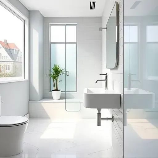 Renovated small bathroom in Leimert Park CA with sleek fixtures, subway tile shower, marble flooring, and modern lighting