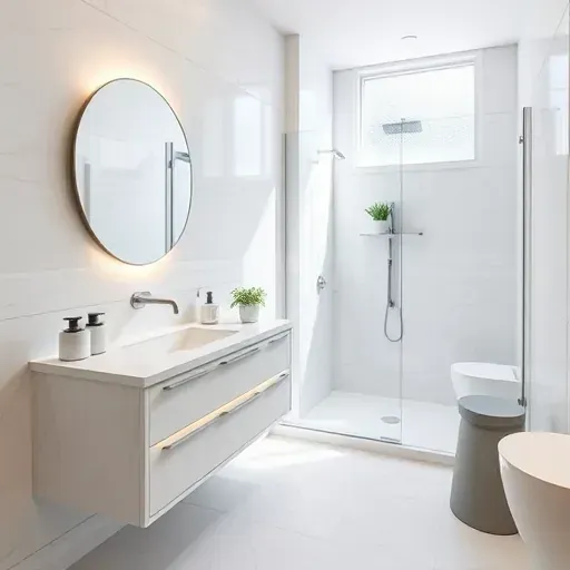 Freshly remodeled small bathroom in Culver City with white marble countertops, floating vanity, and spacious shower.