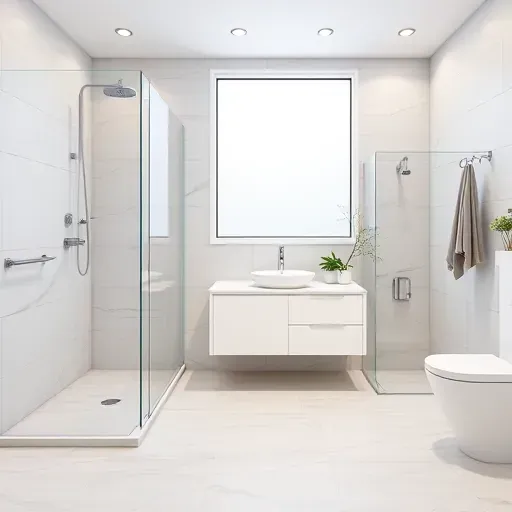 Recently remodeled small bathroom in Inglewood with a walk-in glass shower, marble tiles, minimalist vanity, and modern fixtures
