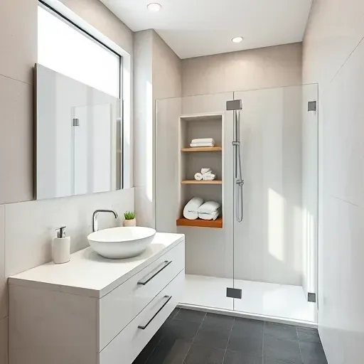 Recently remodeled small bathroom in Los Angeles featuring a modern design with bright marble countertops and a glass shower.