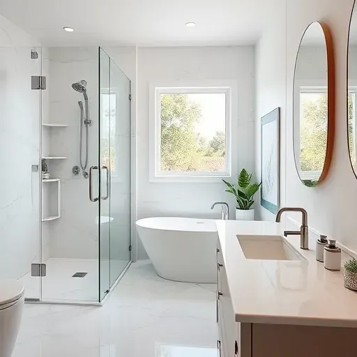 Bathroom remodeling in Rancho Park, CA, featuring sleek fixtures, marble tiles, and a modern soaking tub.