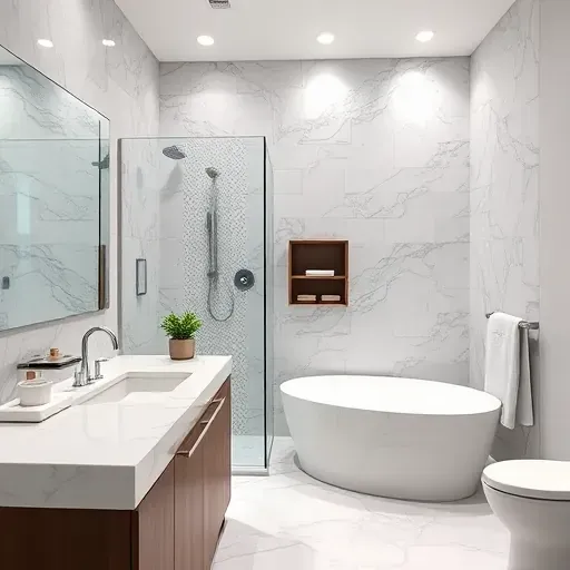 Luxury bathroom remodel in El Segundo CA with marble countertops, chrome fixtures, frameless shower, and freestanding tub.