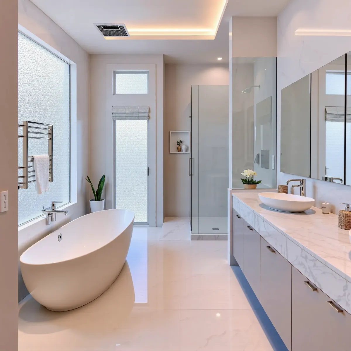 Renovated Hyde Park bathroom with modern fixtures, glass shower, freestanding tub, marble vanity, and elegant neutral decor.