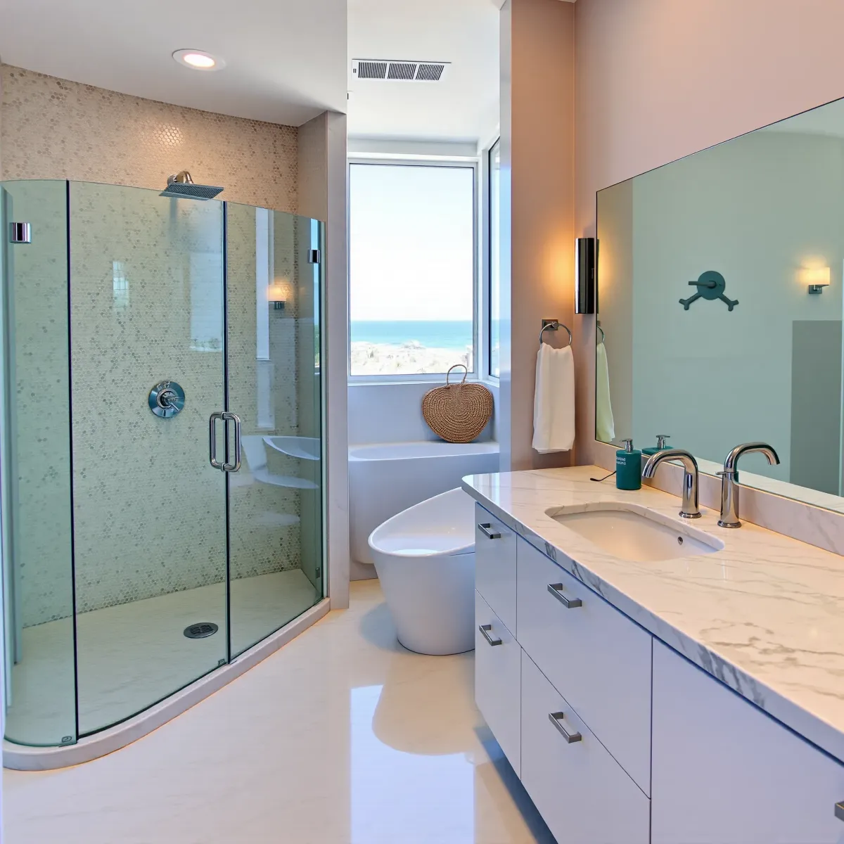 Remodeled Manhattan Beach bathroom with modern fixtures, marble floors, walk-in shower, coastal view, and sleek design.