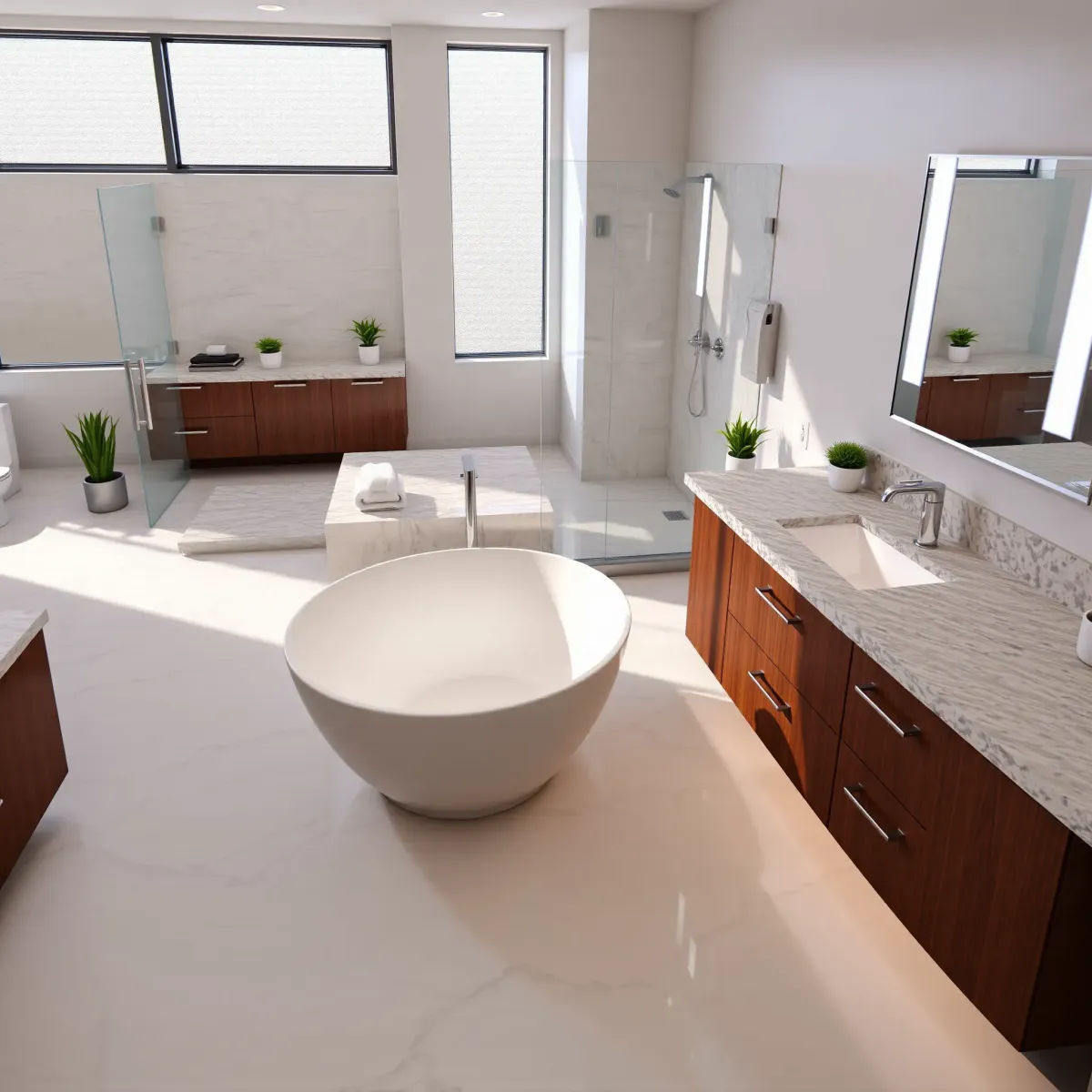 Modern Rancho Park bathroom with marble counters, walk-in shower, sleek fixtures, accent tiles, and stylish decor.