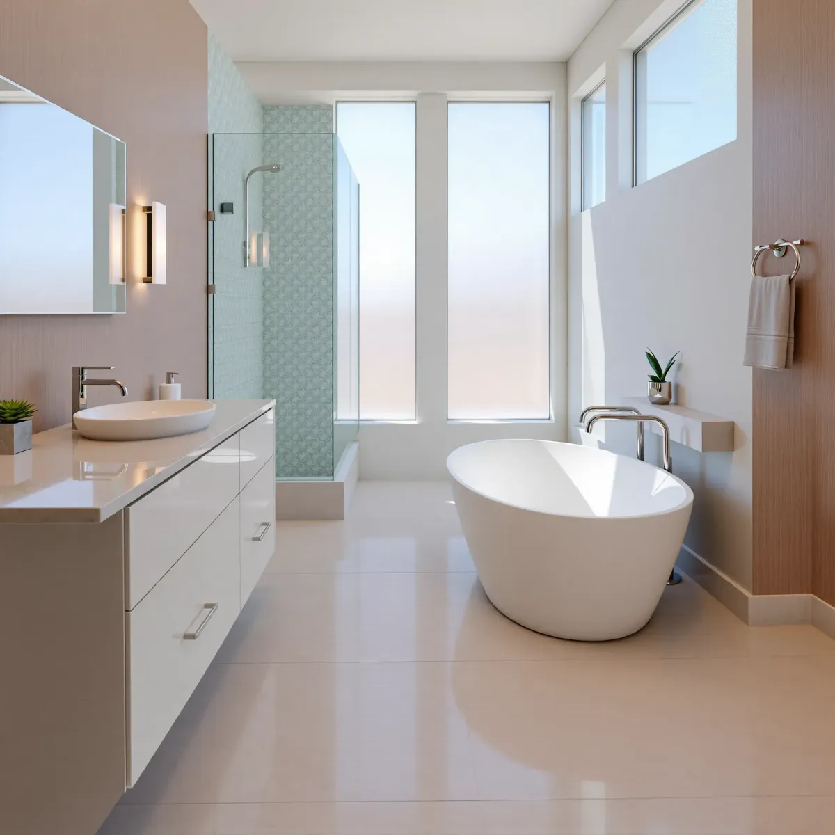 Remodeled West Adams bathroom with modern fixtures, glass shower, freestanding tub, marble vanity, and elegant details.