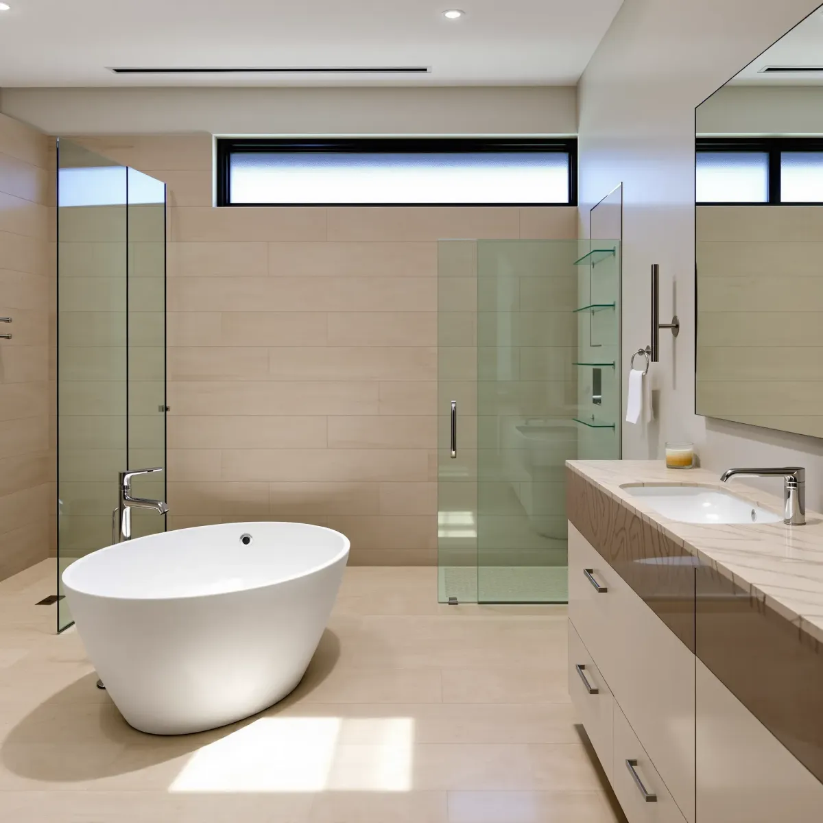 Remodeled Playa Vista bathroom with sleek glass shower, matte black fixtures, floating vanity, natural stone tiles, and lush outdoor view.