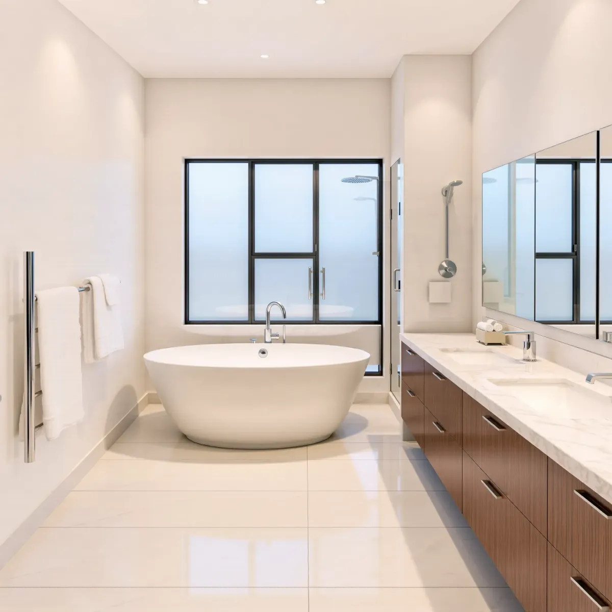 Remodeled West LA bathroom featuring a soaking tub, tiled walls, glass shower, marble countertops, and lush greenery views.