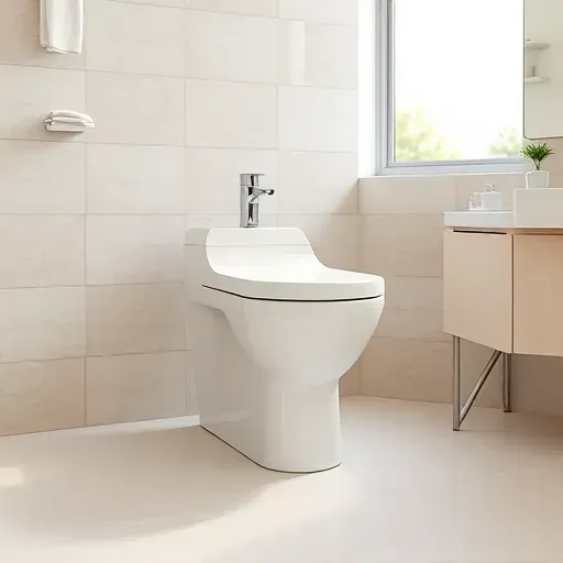 Modern white ceramic toilet with chrome fixtures in a clean, bright bathroom with tiled walls and subtle decor