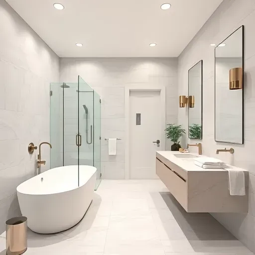 Luxurious remodeled bathroom in South Los Angeles featuring walk-in shower, freestanding tub, and elegant finishes.