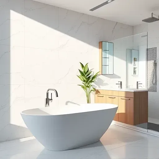 Bathroom remodeling in Playa Vista CA features sleek soaking tub, marble tiles, and modern vanity with quartz countertop.