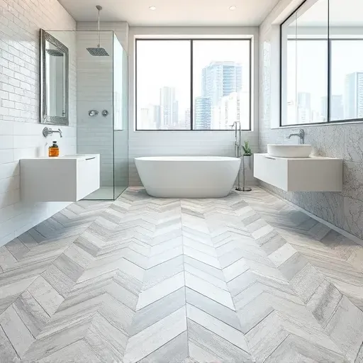 Luxurious modern Los Angeles bathroom with seamless white subway and gray stone tiles, polished fixtures, and natural light