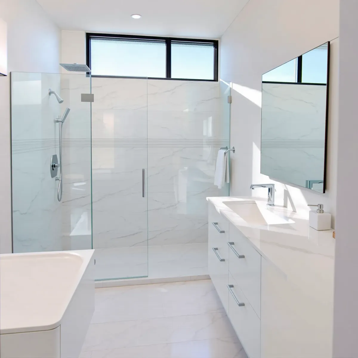 Renovated small bathroom in Harvard Heights, CA with walk-in shower, marble tiles, floating vanity, chrome fixtures, and natural light.