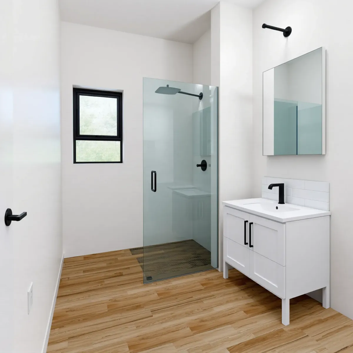 Small bathroom remodel in Inglewood, CA featuring modern fixtures, walk-in shower, sleek vanity, and natural light.