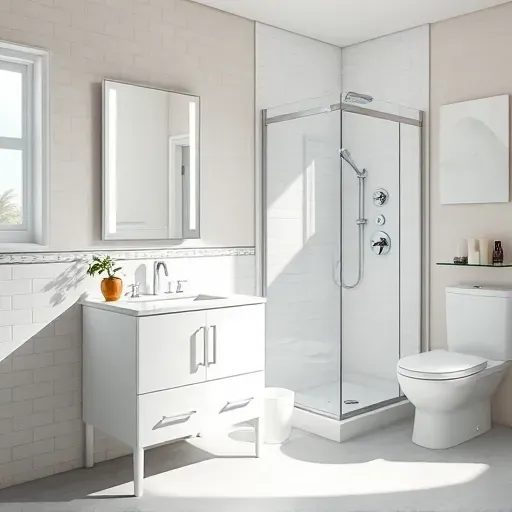 Remodeled small Carson CA bathroom with modern fixtures, marble vanity, LED mirror, glass shower, subway tiles, and gray porcelain flooring