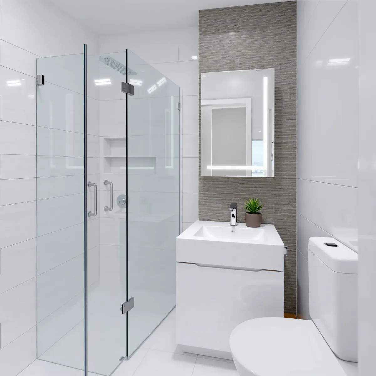 Beautiful bathroom remodel in West Adams, CA featuring modern white tiles, glass shower, sleek vanity, and minimalist design.