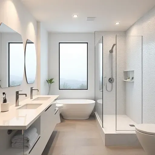 Contemporary West Los Angeles bathroom remodel featuring double vanity, walk-in shower, and elegant decor elements.