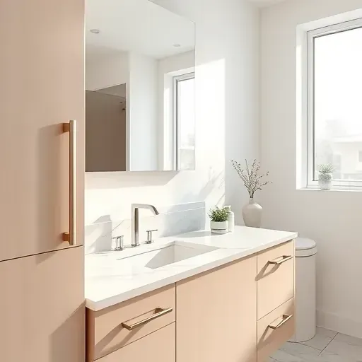 Refurbished modern bathroom with glossy cabinetry, marble countertops, stainless steel fixtures, bright natural light, and stylish decor