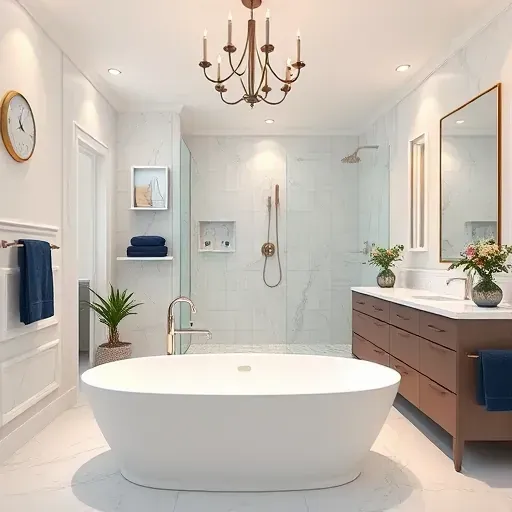Completed bathroom remodel in Westchester CA featuring elegant design, marble tiles, soaking tub, and modern fixtures.