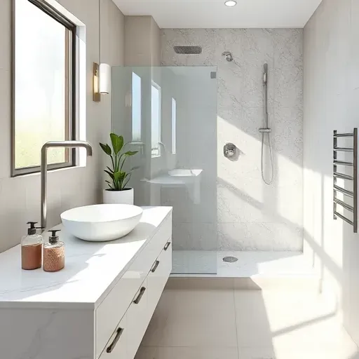 Completed modern small bathroom in View Park CA with white marble countertop vessel sink neutral tiles natural daylight polished gray floor elegant accessories