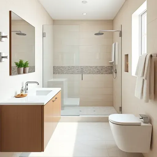 Beautifully remodeled small bathroom in Jefferson Park CA with modern fixtures, marble vanity, and stylish glass shower.