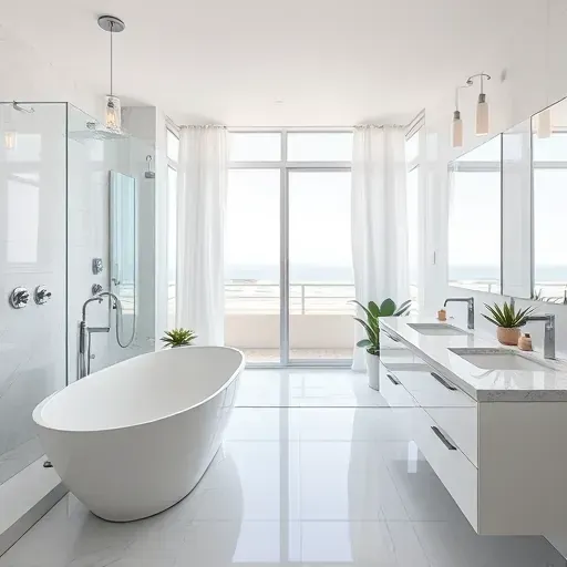 Modern bathroom remodel in Hermosa Beach features a freestanding tub, quartz countertops, and elegant coastal accents.